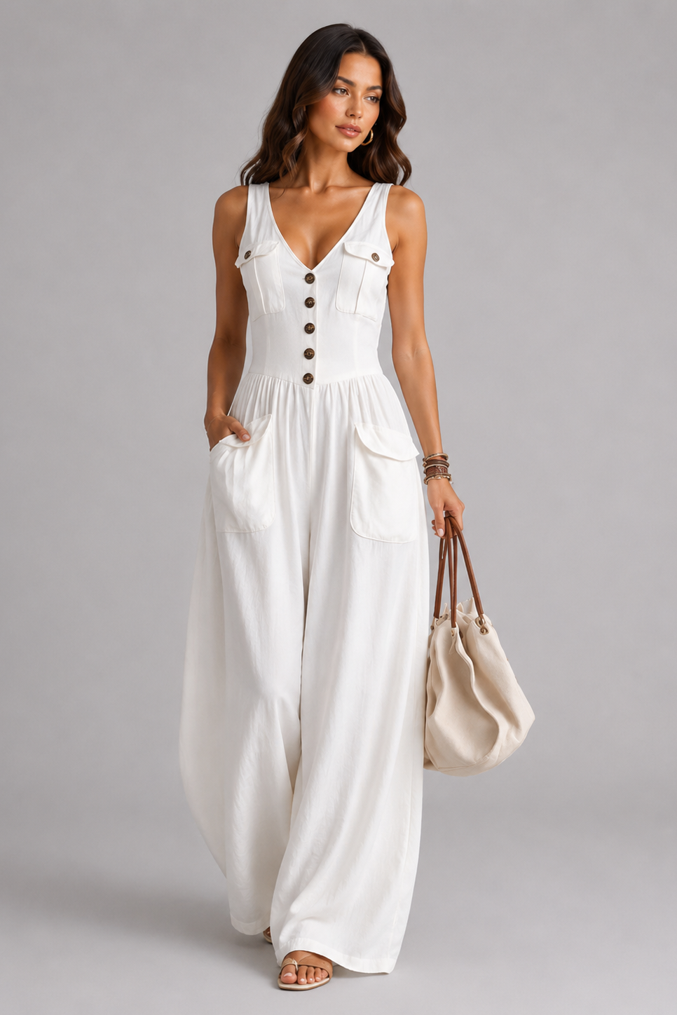 Zlata | Elegantný overal s výstrihom do V a širokými nohavicami