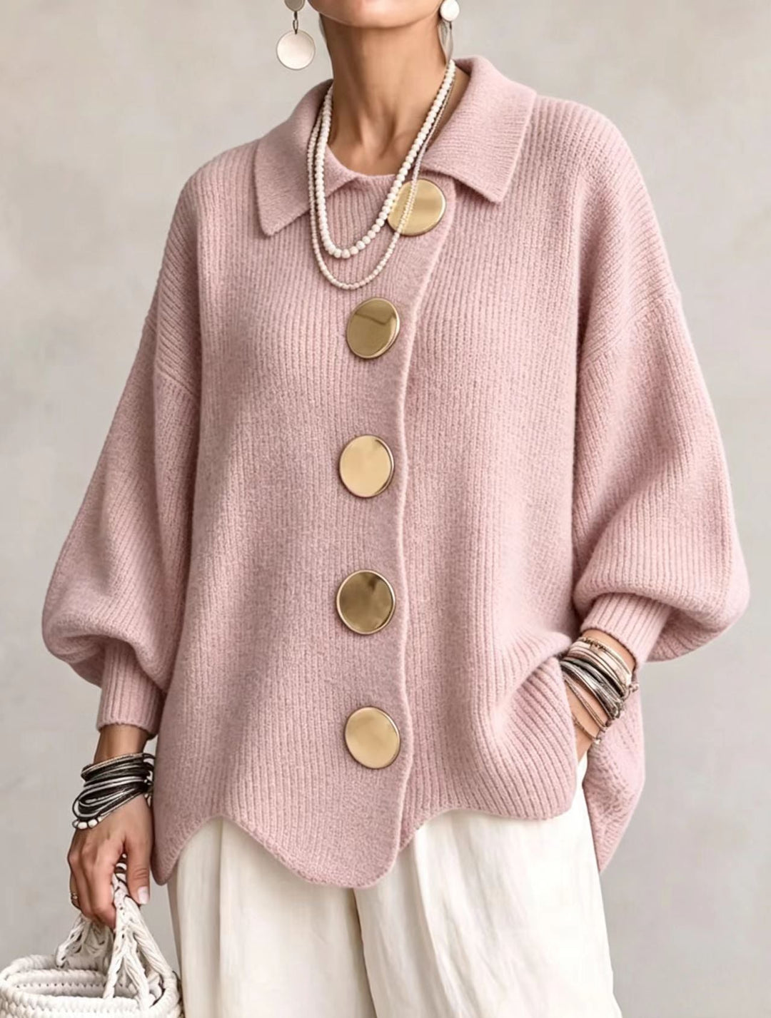 Isadora | Oversize kardigán s golierom a veľkými kovovými gombíkmi
